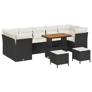 Ensemble de Canapés de Jardin 10 Pièces avec Coussins Rattan Poly Noir Acacia