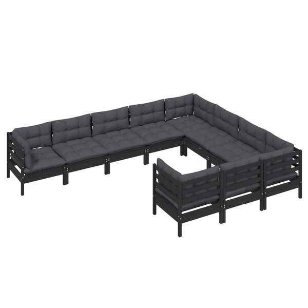 Salon de jardin meuble d'extérieur ensemble de mobilier 10 pièces avec coussins noir bois de pin 02_0015100