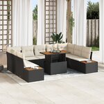 vidaXL Set de salle à manger de jardin de 10 pièces avec coussins en poly rotin noir et acacia