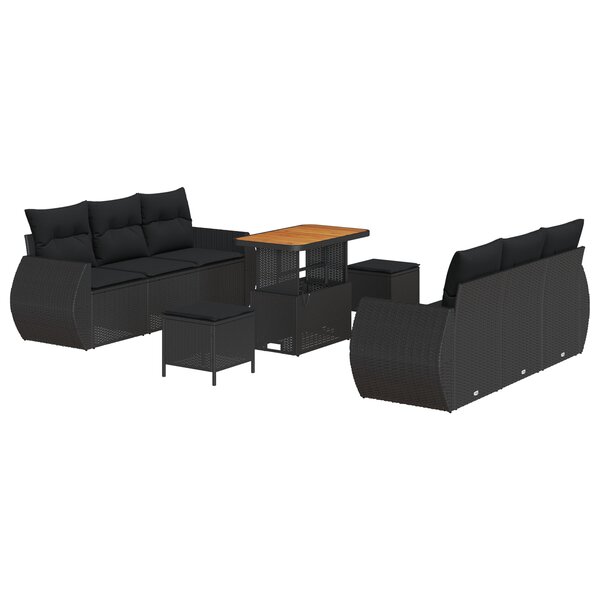 Ensemble de Canapé de Jardin 9 pièces avec Coussins Noir Poly Rattan Acacia