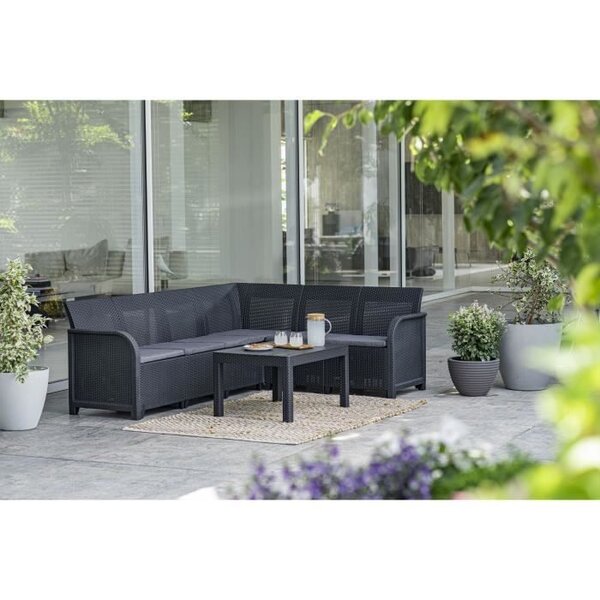 ALLIBERT by KETER - Canap‚ d'angle SanRemo 6 places imitation rotin tressé avec table basse - gris graphite
