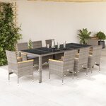 vidaXL Ensemble à manger de jardin et coussins 9 Pièces gris rotin verre