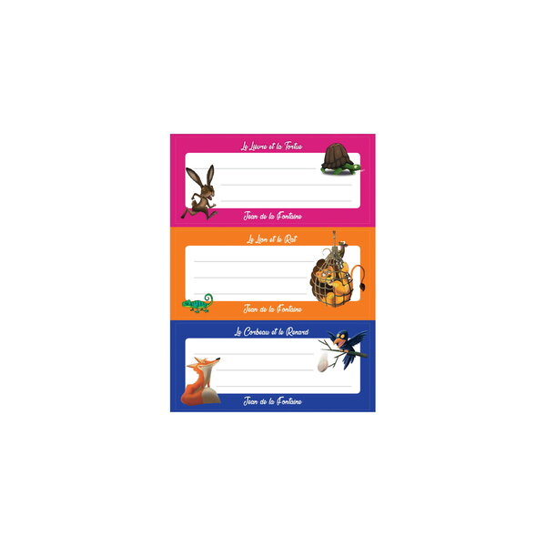 12 étiquettes scolaire autocollantes 7.5 x 3.3 cm - les fables de la fontaine
