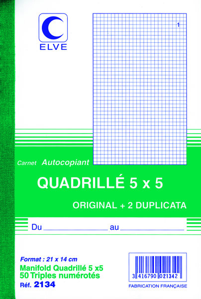 Manifold Autocopiant Quadrillé 5 x 5 210 x140 mm 50 Feuillets Tripli ELVE