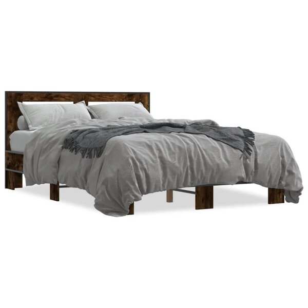 vidaXL Cadre de lit chêne fumé 135x190 cm bois d'ingénierie et métal