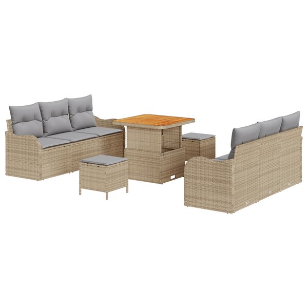vidaXL Ensemble de Canapé de Jardin 9 Pièces avec Coussins Beige Rattan Poly Acacia