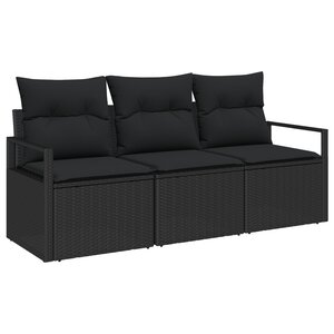 Ensemble de 3 Pièces de Canapé de Jardin avec Coussins Noir en Rattan Poly