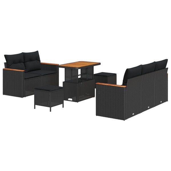 Ensemble de canapé de jardin 8 pièces avec coussins noir poly rotin acacia
