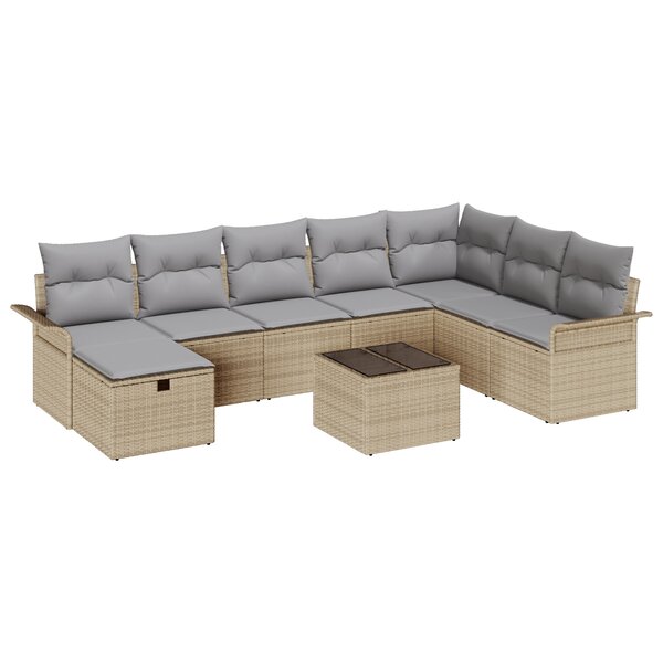 vidaXL Ensemble de Canapés de Jardin 9 Pièces avec Coussins Beige Rattan Poly