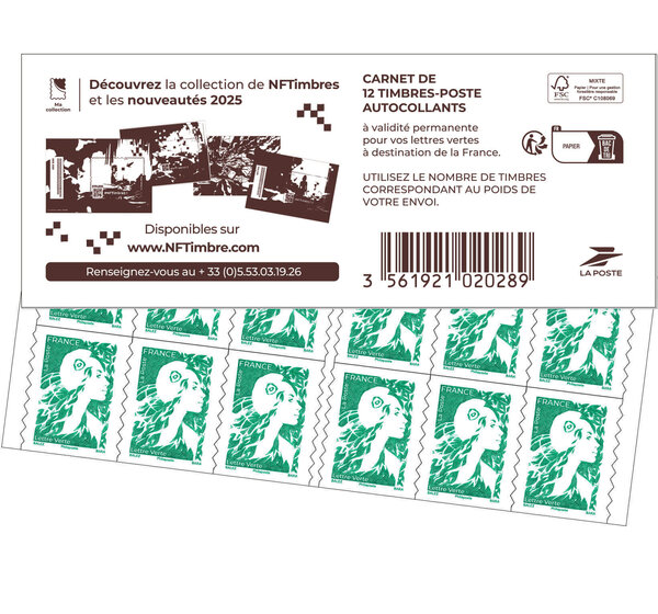 Carnet 12 timbres Marianne de l'avenir - Lettre Verte - Couverture NFT