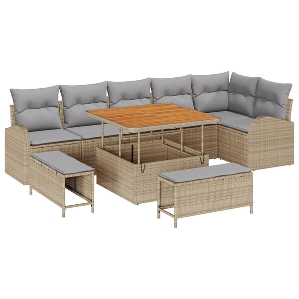 Ensemble de 9 Pièces de Canapé de Jardin avec Coussins Beige Rattan Poly Acacia
