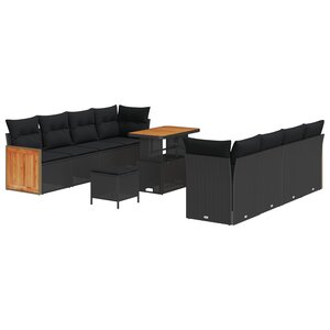 Ensemble de Canapés de Jardin de 11 Pièces avec Coussins Noir Poly Rotin Acacia