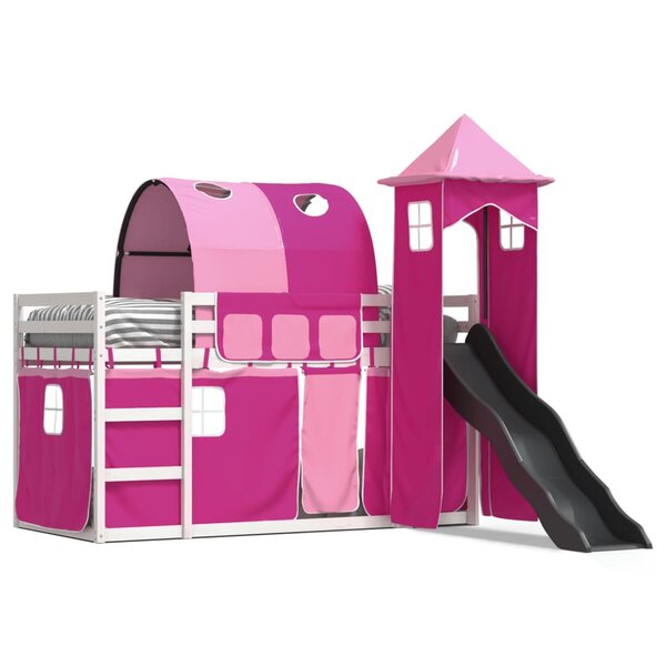 vidaXL Lit superposé avec toboggan et rideaux rose 90x190 cm