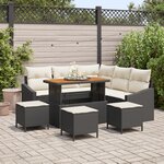 Ensemble de canapé de jardin 9 pièces avec coussins noir en poly rotin et acacia