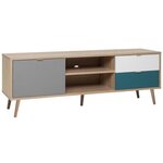 Meuble TV scandinave - chêne  gris  blanc  bleu pétrole - 1 Porte - 150 x 40 x Hauteur 51 cm