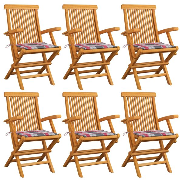 vidaXL Chaises de jardin et coussins à carreaux rouge 6Pièces Teck massif