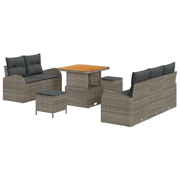 Ensemble de canapé de jardin 8 pièces avec coussins gris poly rotin acacia