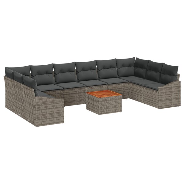vidaXL Ensemble de Canapés de Jardin 11 Pièces avec Coussins Gris Rattan Poly Acacia