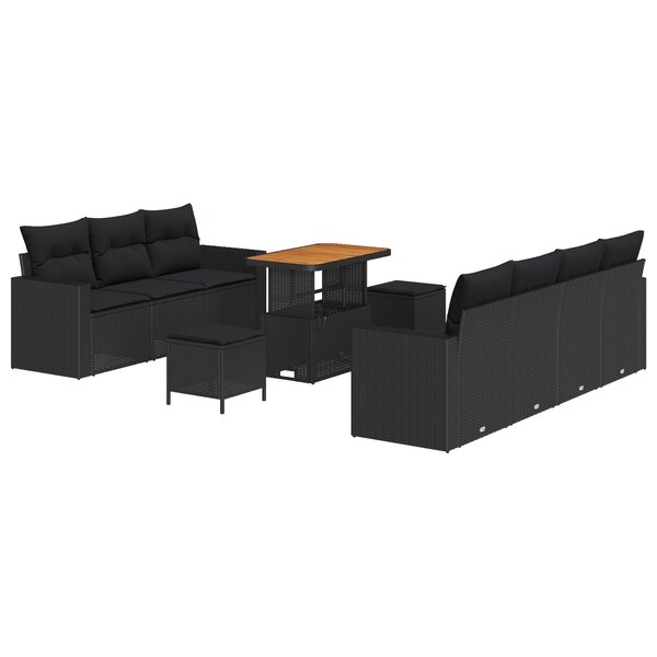 Ensemble de canapé de jardin de 10 pièces avec coussins en rattan poly noir acacia