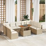Ensemble de Canapés de Jardin 10 Pièces avec Coussins Beige Poly Rattan Acacia
