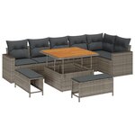 Ensemble de Canapé de Jardin de 9 Pièces avec Coussins Gris Poly Rattan Acacia