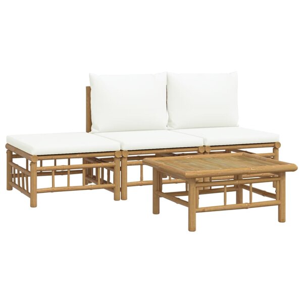 Salon de jardin meuble d'extérieur ensemble de mobilier 4 pièces avec coussins blanc crème bambou 02_0016089