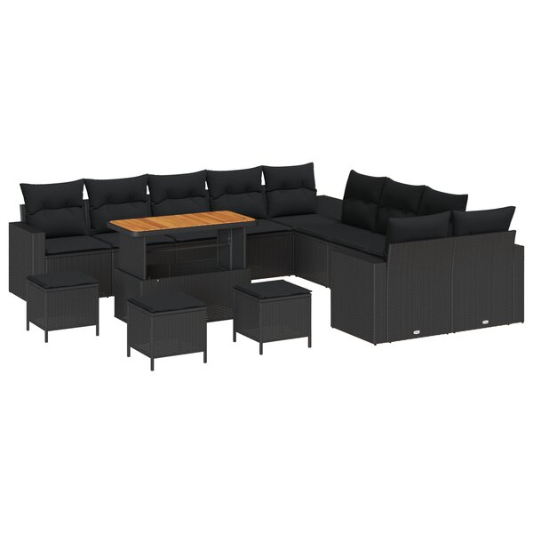 Ensemble de Canapé de Jardin vidaXL 14 Pièces avec Coussins Noir Rattan Poly Acacia