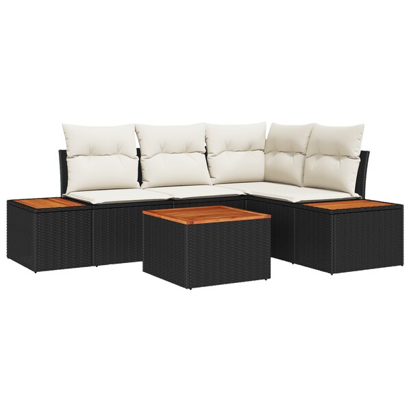 vidaXL Ensemble de Canapés de Jardin de 5 Pièces avec Coussins Noir Poly Rattan Acacia