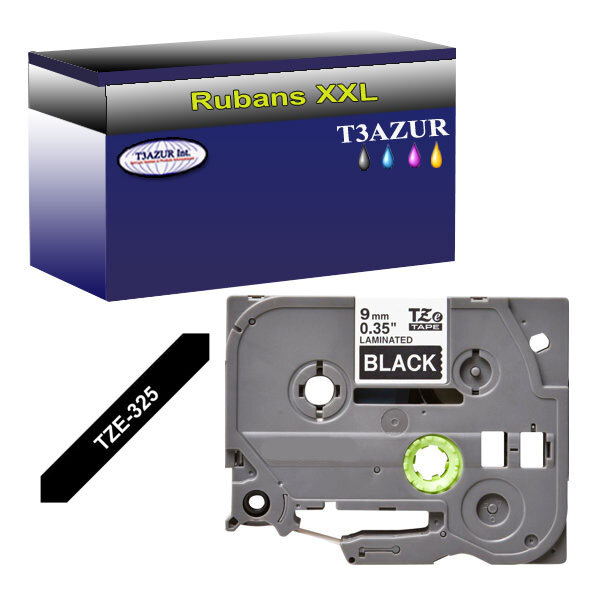 Ruban pour étiquettes laminées générique Brother Tze-325 pour étiqueteuses P-touch - Texte blanc sur fond noir - Largeur 9 mm x 8 mètres - T3AZUR