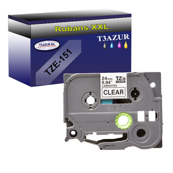 Ruban pour étiquettes laminées générique Brother Tze-151 pour étiqueteuses P-touch - Texte noir sur fond transparent - T3AZUR