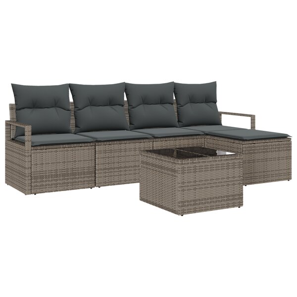 Ensemble de canapé de jardin 5 pièces avec coussins noirs en rotin poly