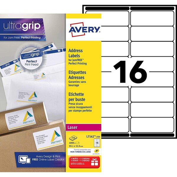 Boîte de 4000 étiquettes laser blanc 99 1x33 9 l7162-250 avery zweckform