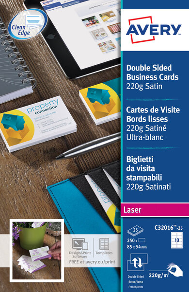 Carte de visite laser avery quick and clean format 85 x 54 mm blanche - 220 gr - pochette de 250