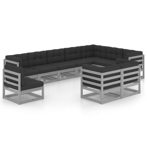 Salon de jardin meuble d'extérieur ensemble de mobilier 10 pièces avec coussins gris bois de pin massif 02_0015023