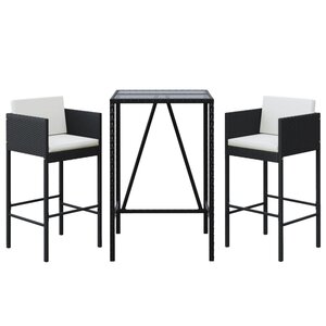 vidaXL Ensemble de bar de jardin 3 Pièces avec coussins noir poly rotin