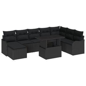 Ensemble de canapé de jardin 9 pièces avec coussins en rotin noir
