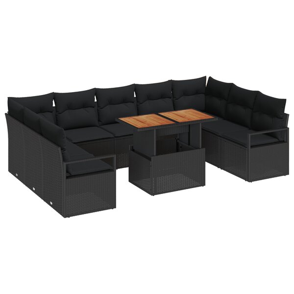 Canapés de jardin 10 pièces vidaXL avec coussins noir poly rattan acacia