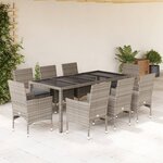 vidaXL Ensemble à manger de jardin et coussins 9 Pièces gris rotin verre