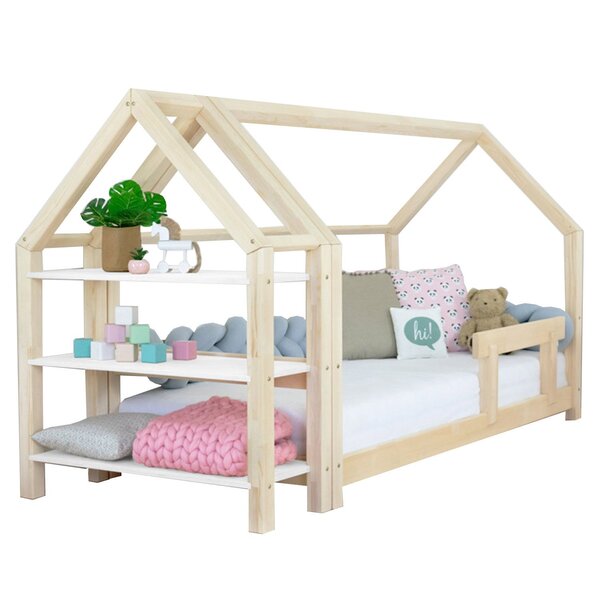 Lit cabane avec étagère 80 x 160 naturel et blanc