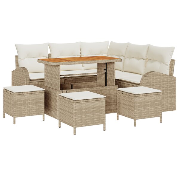Set de Canapé de Jardin 9 Pièces Avec Coussins Beige Poly Rattan Acacia