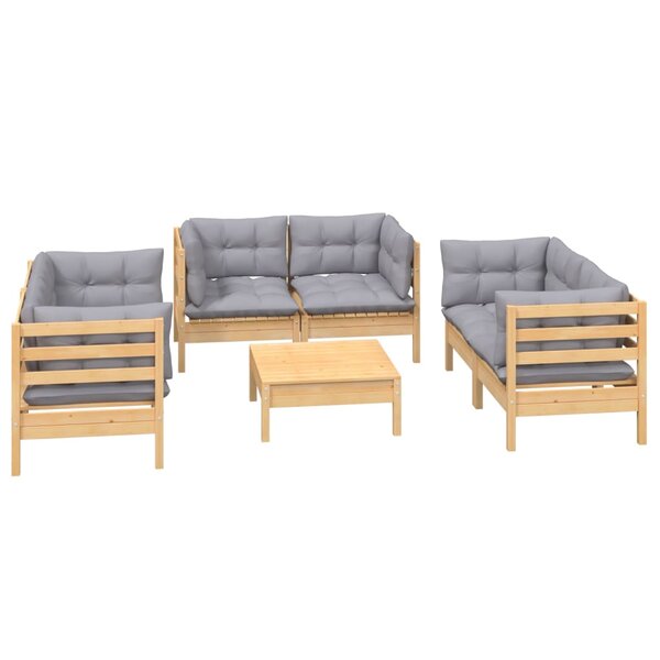 Salon de jardin meuble d'extérieur ensemble de mobilier 7 pièces avec coussins gris bois de pin massif 02_0017187