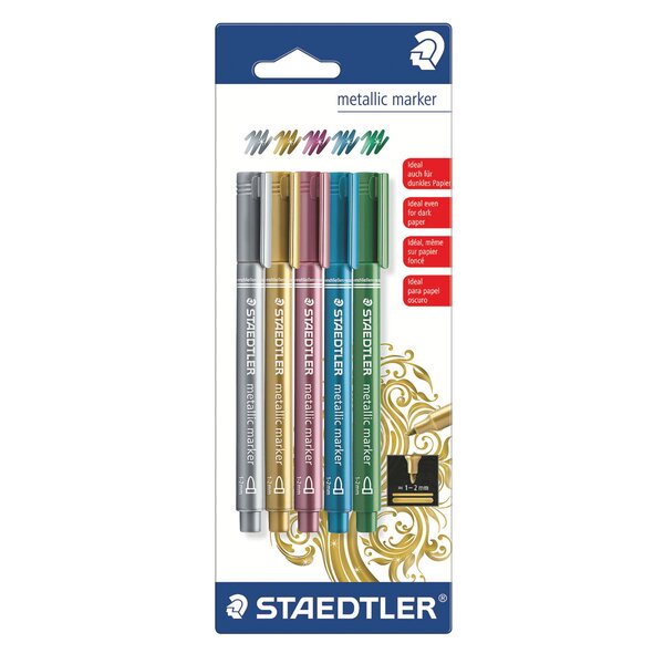 Marqueur staedtler metallic pointe ogive fine 2 7 mm couleurs assorties - pochette de 5
