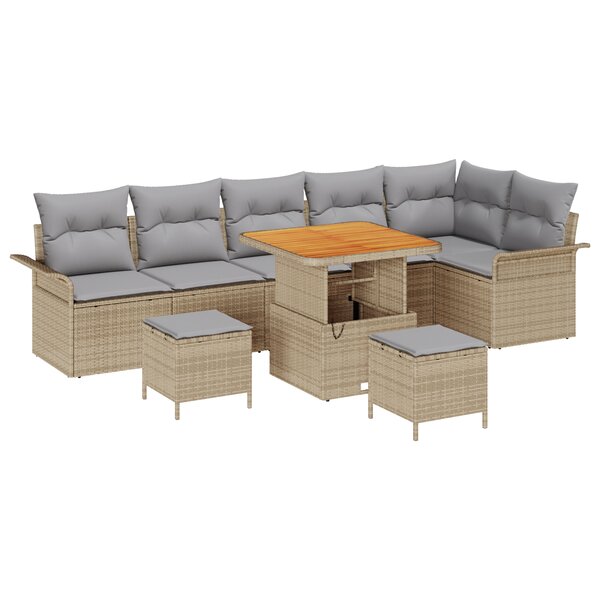 Ensemble de Sofa de Jardin 9 Pièces vidaXL avec Coussins Beige Rattan Poly Acacia