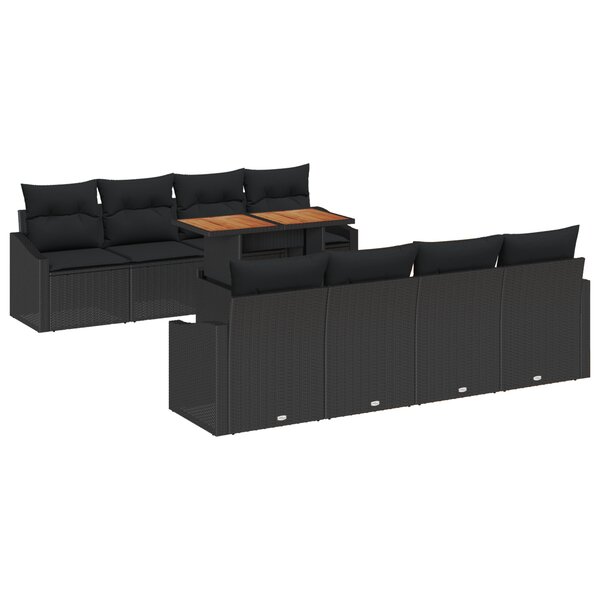 vidaXL Ensemble de salle à manger de jardin de 9 pièces avec coussins en poly rattan noir et acacia