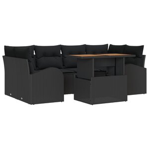Ensemble de canapés de jardin 7 pièces avec coussins noir poly rattan