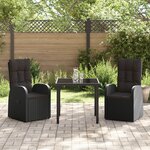 vidaXL Set de salle à manger de jardin 3 pièces avec coussins Noir Poly Rattan