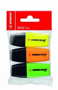 Pop de 3 Surligneur BOSS MINI Pte biseautée Jaune Vert Orange STABILO