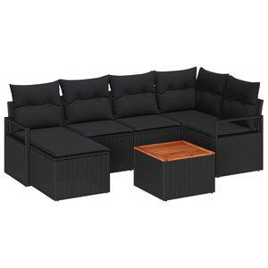 Ensemble de canapé de jardin 7 pièces avec coussins noirs en poly rotin acacia