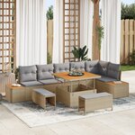 Ensemble de Canapé de Jardin de 9 pièces avec Coussins Beige en Poly Rattan Acacia