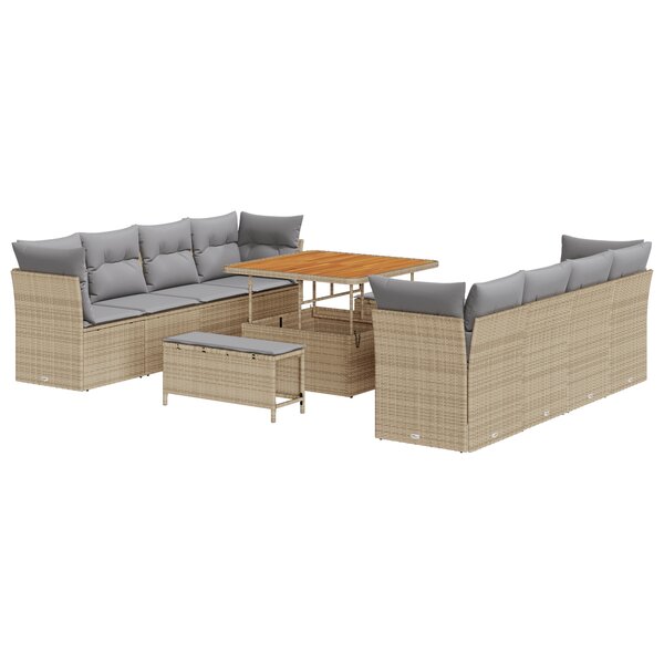 Ensemble de sofa de jardin de 11 pièces avec coussins beige en poly rotin acacia